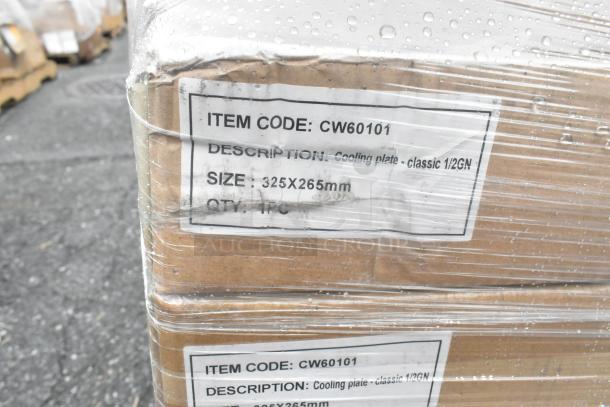 37 boxes wrapped and labeled, including Easy Chopper and other items. Markings show Item Code CW60101, Cooling plate 325x265mm.