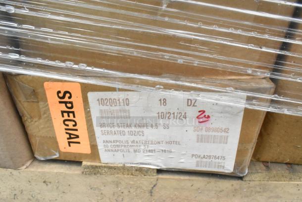 Boxes labeled "Special" containing Bryce 4.5" serrated steak knives. Packaging shows scratch and dent condition.