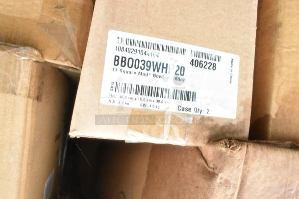 Boxes labeled "BB0039WH" containing 11" square mod bowls, 160oz capacity, minor scratches and dents on packaging.