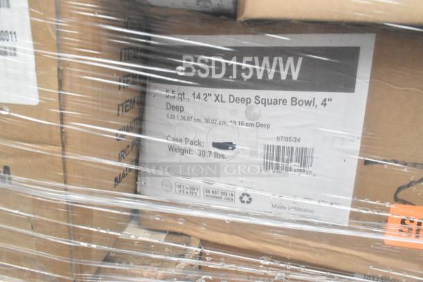 Boxes of 5.5 qt, 14.2" XL deep square bowls, 4" deep. Markings indicate weight 30.7 lbs, Made in Mexico, do not use in microwave/oven.