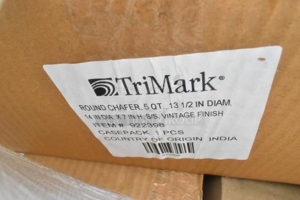 TriMark round chafer box, 5 qt, 13.5" diameter, vintage finish, casepack 1 pcs, item #922398, made in India.