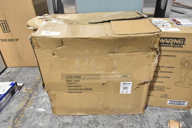 BRAND NEW Omcan 41882 Countertop Electric Pasta Cooker, scratch and dent condition, visible on torn packaging. Model 41882.
