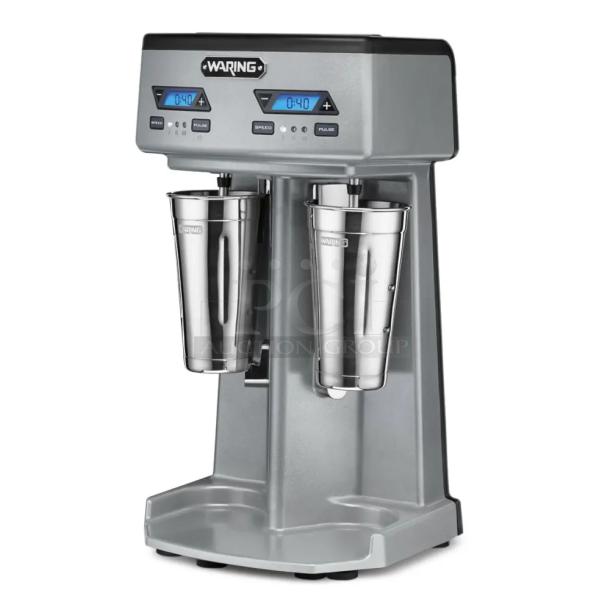 Brand new Waring WDM240TX metal countertop drink mixer, 115 volts, 1 phase, minor scratches, dual mixing cups.