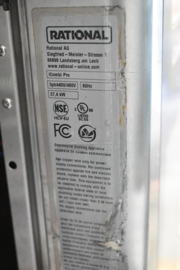 Rational iCombiPro oven label showing model: LM100CE.AXXXX/LM100EE.AXXXX, 440/480V, 3-phase, for parts, 2021.