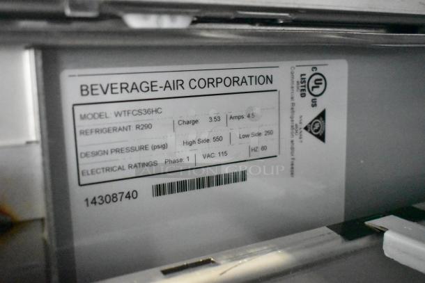 Beverage Air WTFCS36HC label showing model, refrigerant R290, design pressure, and electrical ratings. Brand new condition.