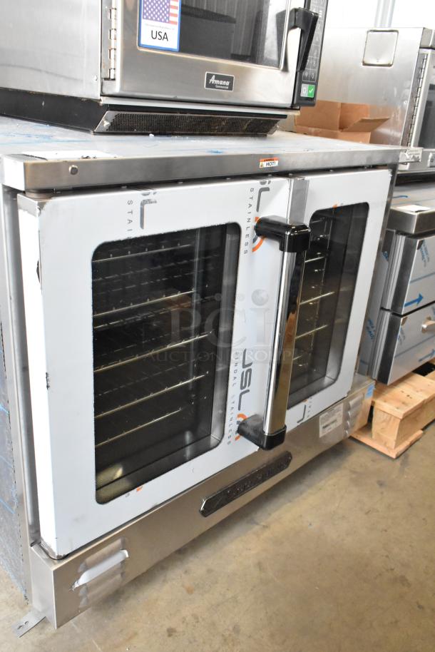 Brand new 2025 Southbend Platinum Series convection oven, stainless steel, view-through doors, metal racks, thermostatic controls.