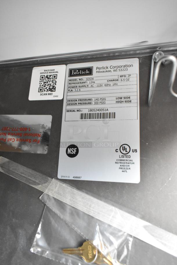Perlick DDS36 kegerator label; brand new, scratch and dent; stainless steel, 115V, 1 Phase; includes keys and service manual QR code.