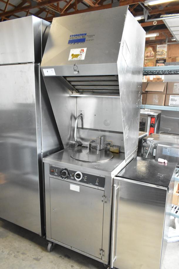Giles stainless steel commercial electric deep fat fryer with ventless grease hood, model includes 208V, 3-phase power.