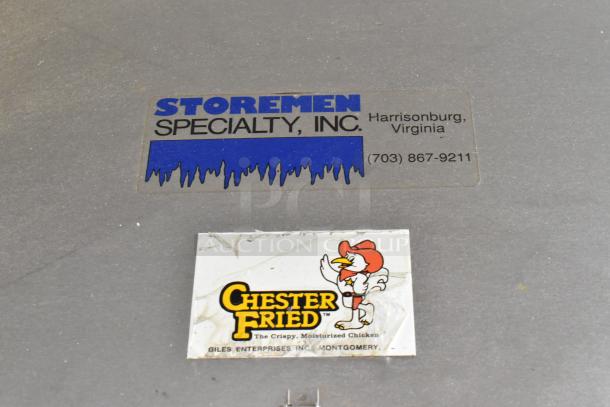 Giles stainless steel commercial electric fryer with ventless hood, 208V, 3-phase. Features Chester Fried and Storemen Specialty labels.