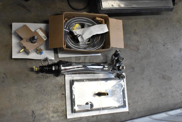 Brand new Perlick DDS36 stainless steel kegerator parts, including taps, hose kit, and fittings. Minor scratches visible.