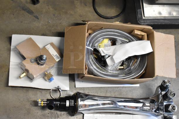 BRAND NEW Perlick DDS36 stainless steel commercial kegerator components, including tubes, valves, and fittings in packaging.