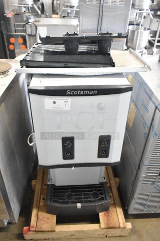 Brand new Scotsman HID312AB-1A Meridian stainless steel ice machine, scratch and dent condition, 12 lb storage, 115V, push button dispensing.