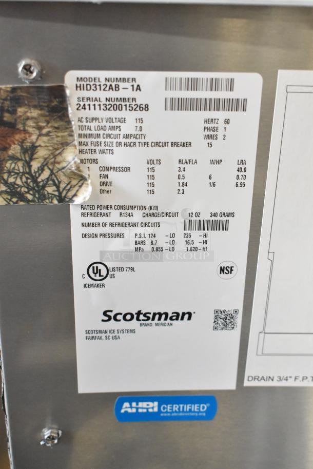 Brand new Scotsman HID312AB-1A ice machine, 12 lb bin, push button, stainless steel, 115V, AHRI certified.