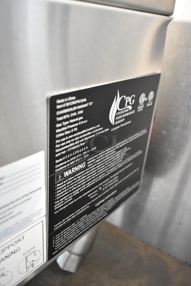 BRAND NEW CPG 351CRCPG72NL Stainless Steel Charbroiler Grill, 240,000 BTU, natural gas, commercial use, scratch and dent.