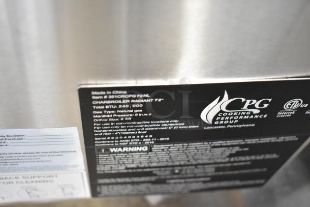 BRAND NEW 2022 Cooking Performance Group CPG 351CRCPG72NL stainless steel charbroiler. Natural gas, 240,000 BTU.
