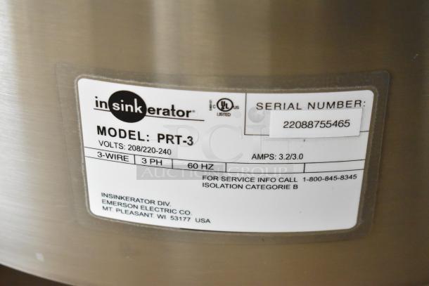 BRAND NEW Insinkerator PRT-3 Food Waste Collector label, stainless steel, 208/220-240V, 3 Phase, UL listed, Serial #22088755465.