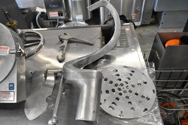 2022 Precision HD-60 Dough Mixer parts; includes dough hook, bowl dolly, pelican head. Visible warning decals. 220V, 3-phase.