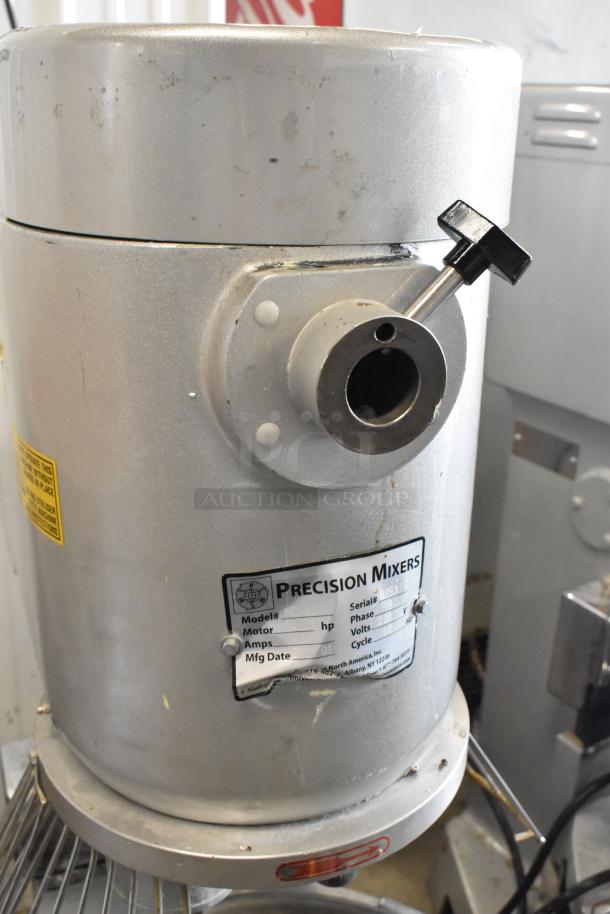 2022 Precision HD-60 60 Quart Dough Mixer with bowl, dolly, guard, Pelican head, and hook. Model label visible. 220V, 3 Phase.