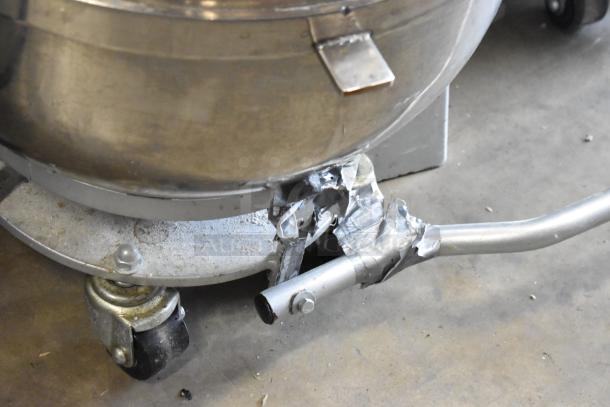 2022 Precision HD-60 metal dough mixer base with visible damage near wheel. Includes bowl, bowl dolly, guard. 220V, 3-phase.