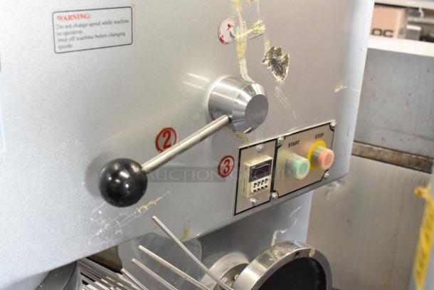 2022 Precision HD-60 metal 60-quart dough mixer control panel with lever, start/stop buttons. 220V, 3 phase. Bowl guard visible.