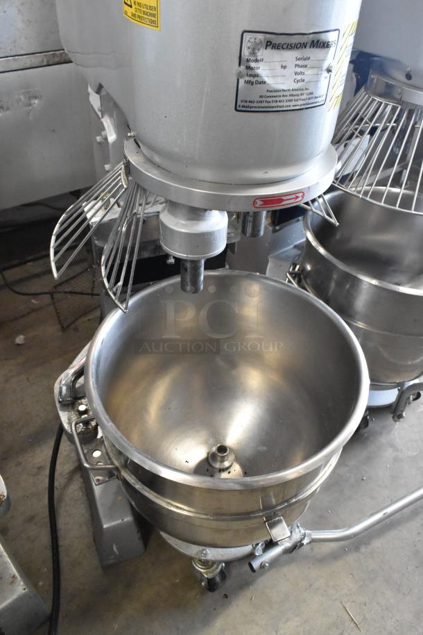 2022 Precision HD-60 60 Quart Dough Mixer with bowl, dolly, guard. Metal finish, 220V, 3 Phase. Model and voltage labels visible.