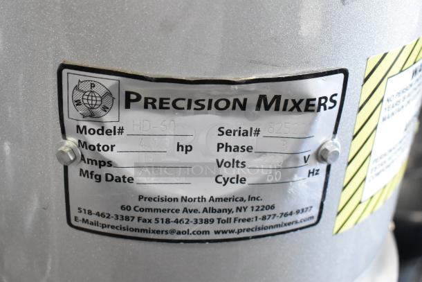 2022 Precision HD-60 Metal 60 Quart Dough Mixer label showing model, serial number, 220V, 3 phase details.
