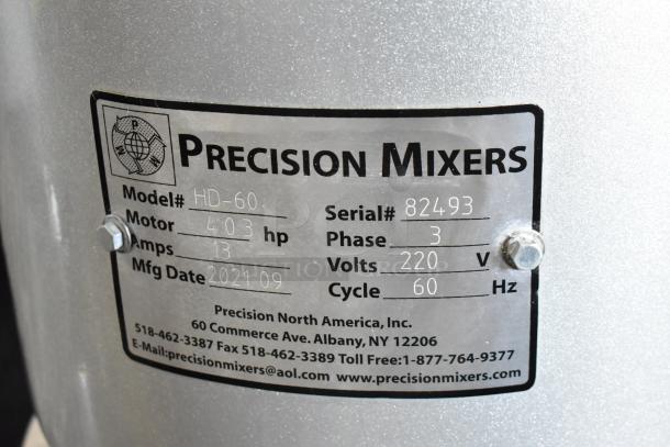 2021 Precision HD-60 60 Quart Dough Mixer label showing model, motor, amps, volts, and manufacturing date.