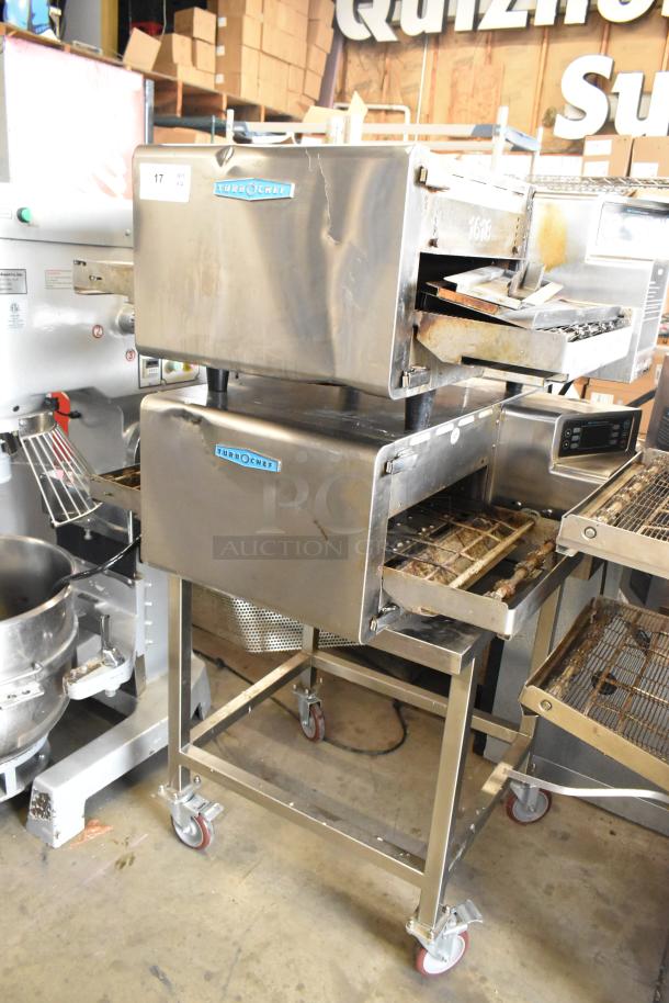 Turbochef HhC2020 stainless steel commercial conveyor pizza oven on casters, 208/240V, 1 phase. Visible wear, model label intact.
