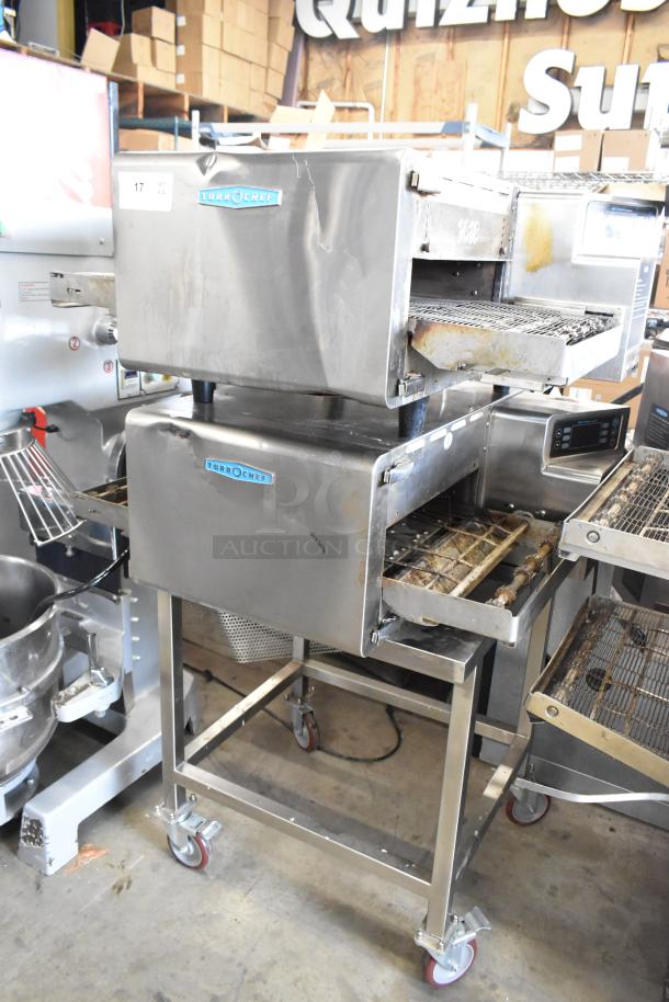 Turbochef HhC2020 stainless steel conveyor pizza oven, 208/240V, on commercial casters, visible wear, model label shown.