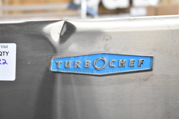 Turbochef HhC2020 stainless steel logo on commercial electric conveyor pizza oven. Model tag visible.