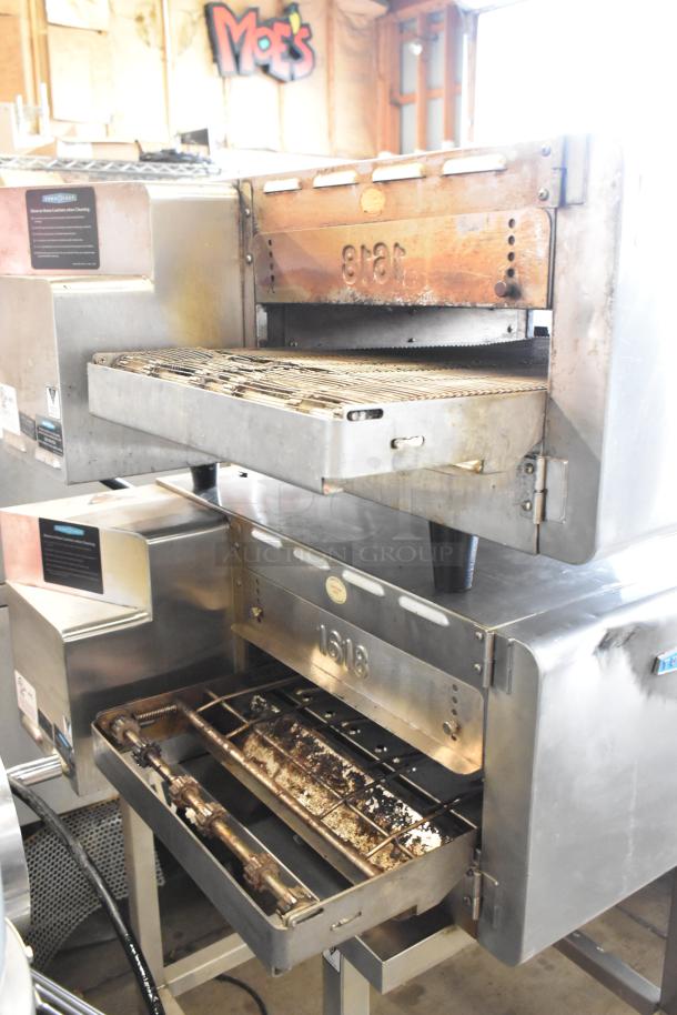 Two Turbochef HhC2020 stainless steel conveyor pizza ovens on casters, 208/240V, 1 phase, visible wear.