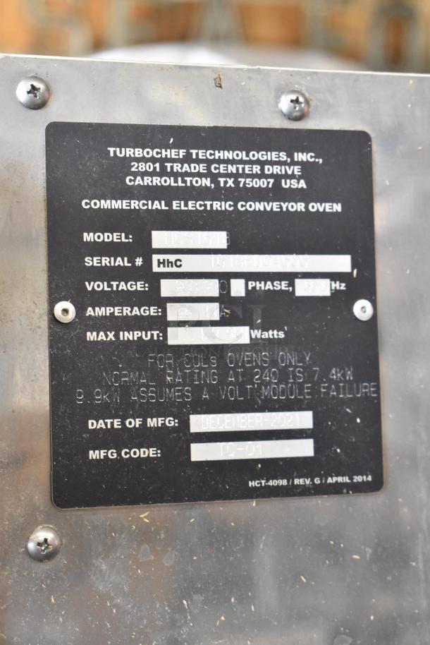 Turbochef HhC2020 stainless steel commercial electric pizza oven label, 208/240V, 1 phase, manufactured December 2021.