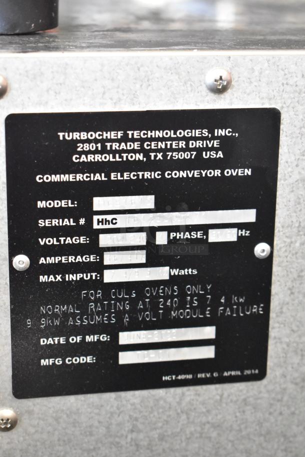 Turbochef HhC2020 commercial electric conveyor oven label, showing model, serial, and voltage details.