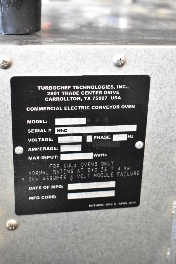 Turbochef HhC2020 stainless steel commercial electric conveyor pizza oven label, showing model and voltage details.