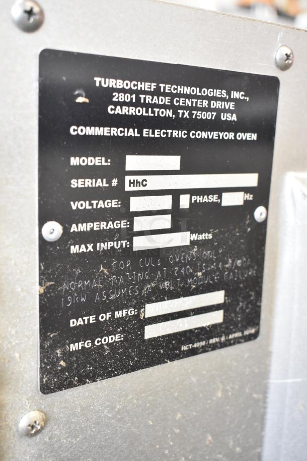Turbochef HhC2020 stainless steel commercial pizza oven label, 208/240V, 1 phase, showing model and serial number.