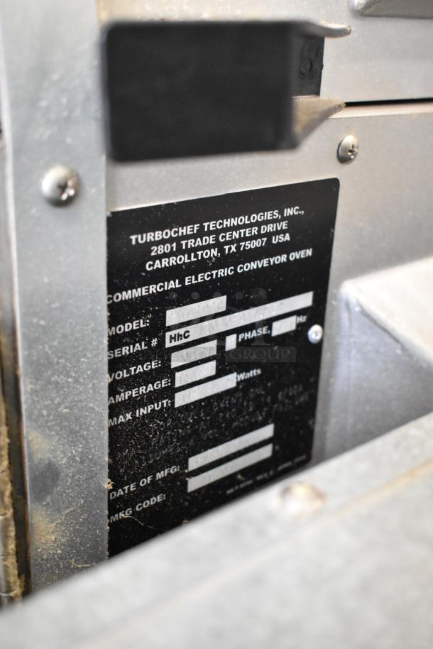 Turbochef HhC2020 Stainless Steel Commercial Conveyor Pizza Oven, 208/240V, 1 Phase, electric-powered, on casters, label visible.
