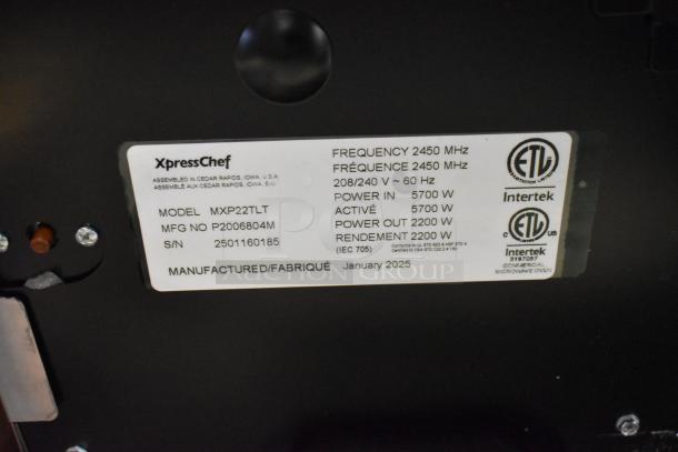 Brand new XpressChef MXP22TLT stainless steel oven label, 2025 model, ETL certified, 208/240V, 5700W input, 2200W output.