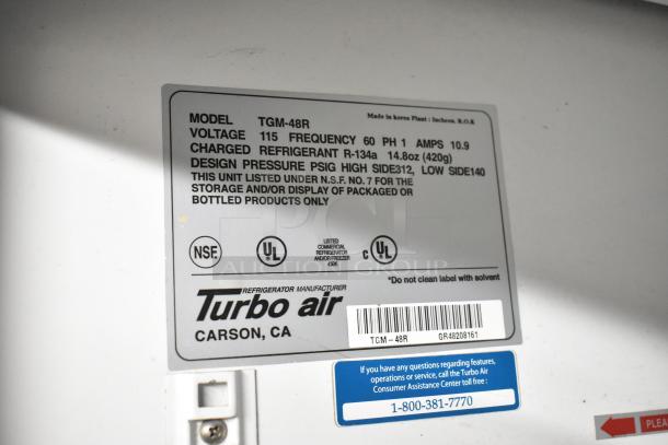 Turbo Air TGM-48R cooler label showing model, voltage, refrigerant type, and certification marks.