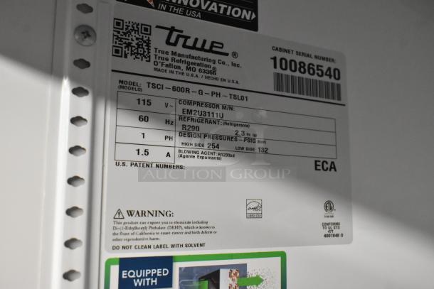 2021 True TSCI-600R-G-PH Single Door Cooler, 115V, features True Manufacturing label and specs panel.