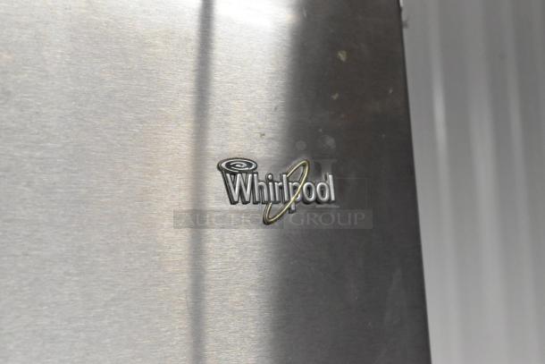 2016 Whirlpool WRT511SZDM00 stainless steel cooler with freezer, 115 volts, 1 phase. Visible Whirlpool logo.