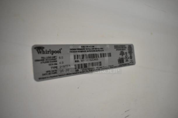Label of 2016 Whirlpool WRT511SZDM00 stainless steel cooler with freezer, 115V, 1 phase. Model and serial numbers visible.