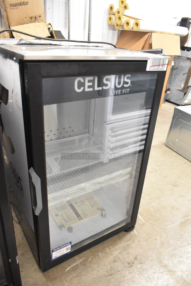 2024 QBD DC6LP-HC Metal Mini Cooler Merchandiser, 115 Volts, 1 Phase, glass door, "CELSIUS" label, excellent condition.