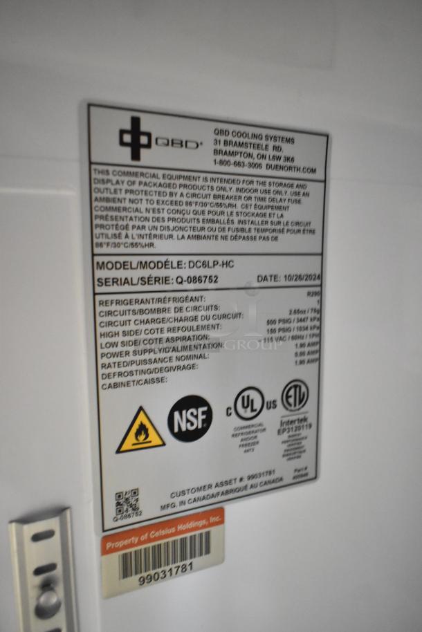 2024 QBD DC6LP-HC Metal Mini Cooler Merchandiser label, indicates 115 Volts, 1 phase, NSF certified, serial Q-086752.