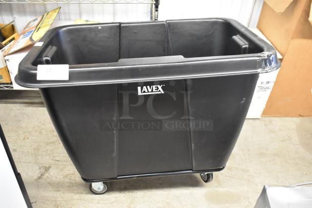 BRAND NEW Lavex Black Poly Tilt Truck with scratches, commercial casters, labeled "Lavex," visible minor damage.