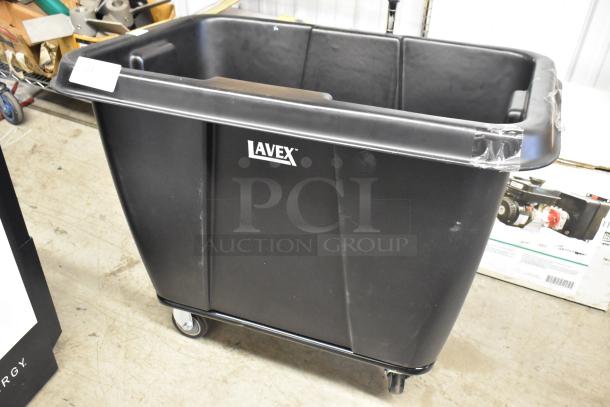 BRAND NEW Lavex Black Poly Tilt Truck, commercial casters, scratch and dent condition, visible Lavex logo, on warehouse floor.