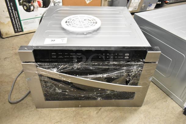 BRAND NEW KoolMore KM-MD-1SS stainless steel microwave drawer, glass damaged. 120V, 1 Phase. Control panel visible.
