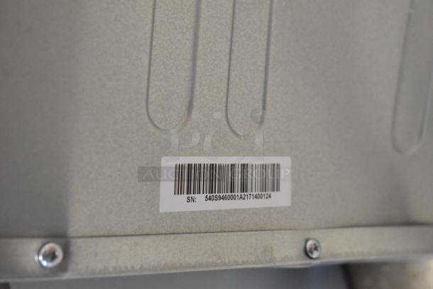 Barcoded serial number on KoolMore KM-MD-1SS stainless steel microwave drawer. Scratch and dent condition noted. 120V, 1 phase.