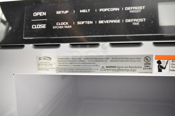 BRAND NEW 2025 KoolMore KM-MD-1SS Stainless Steel Commercial Microwave Drawer with glass damage. 120V, 1 Phase, labels visible.
