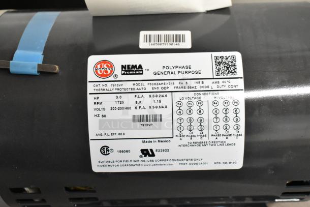 "US Motors Polyphase General Motor, 3 HP, 200-230/460 Volt, brand new, model P63MZAHE-1318, thermally protected."