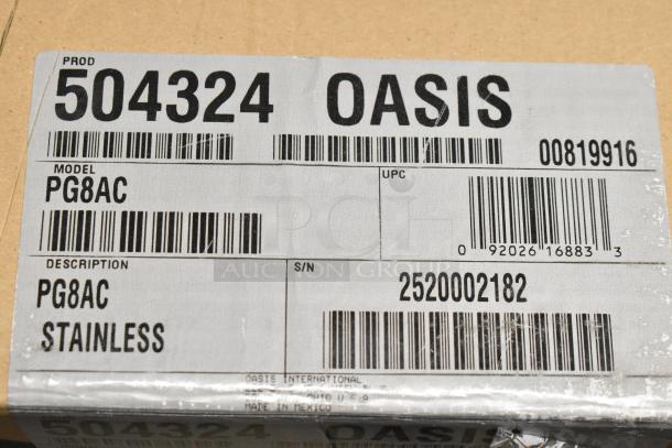 BRAND NEW Oasis 504324 PG8AC Versacooler II, 8 GPH, stainless steel drinking fountain label showing model and barcode details.